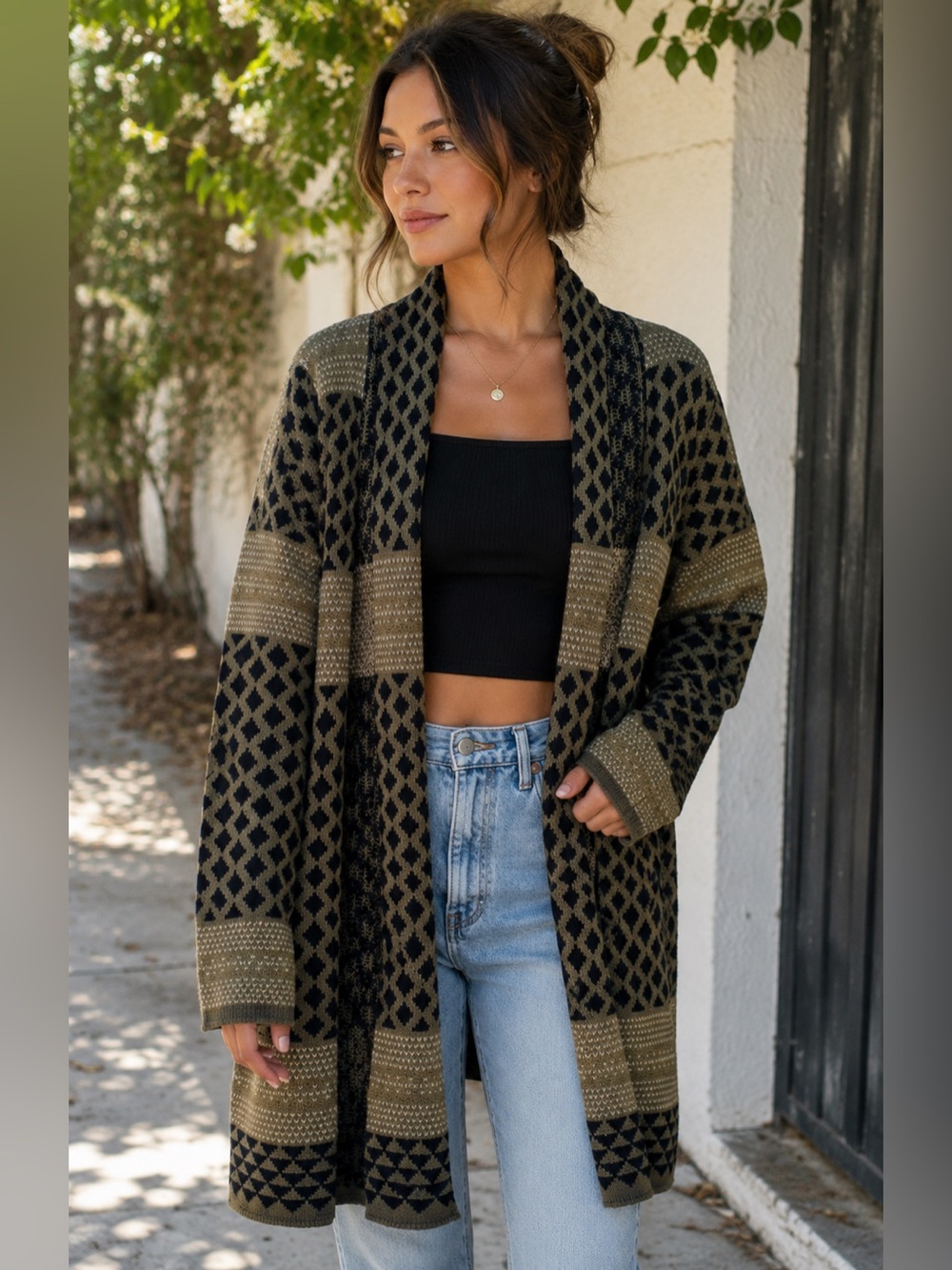 Adam Levine Collection Open-Front Geometric Cardigan in Olive and Black